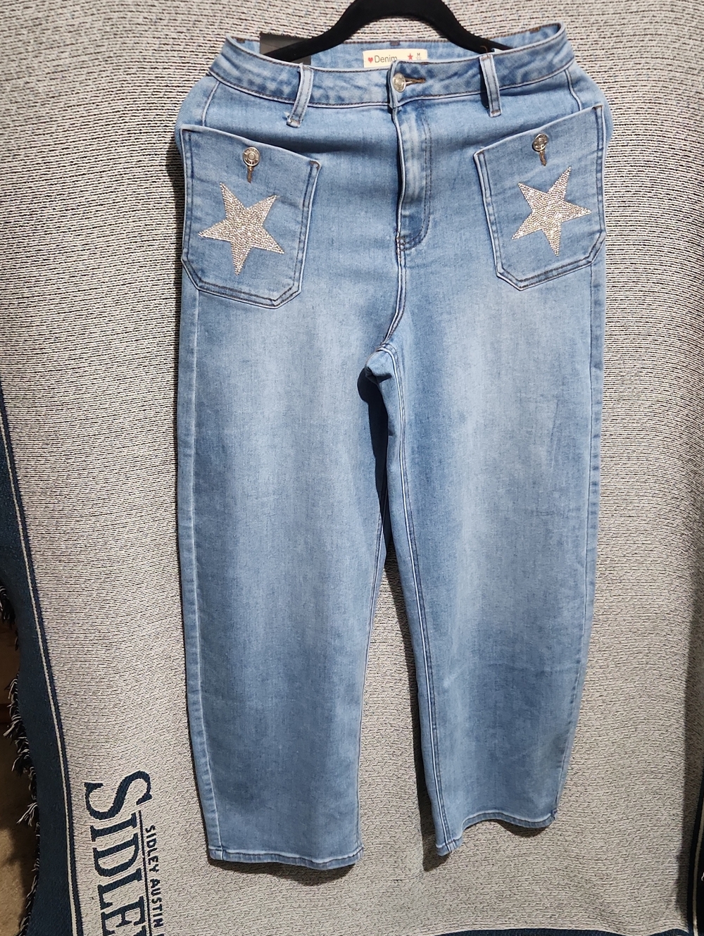 Denim Flare Jeans with Front Glitter Star Pockets - Light Blue